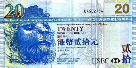 P207f Hong Kong 20 Dollars Year 2009
